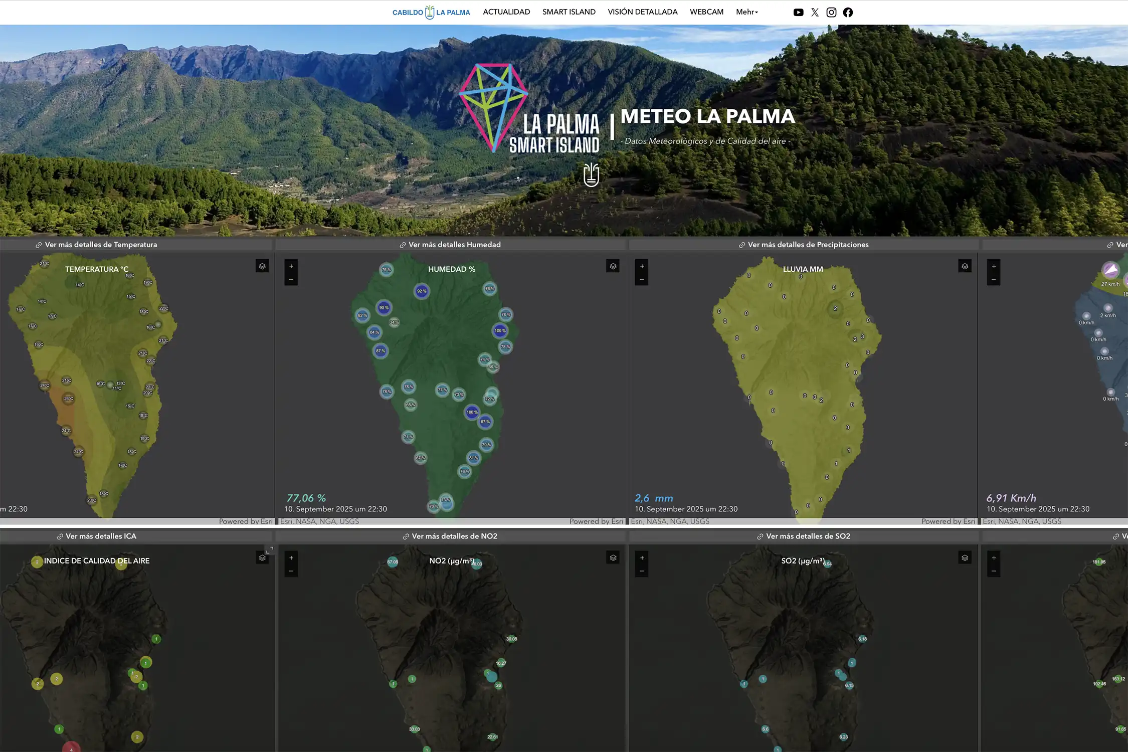 Mapa meteorológico digital de La Palma con temperatura y viento en tiempo real